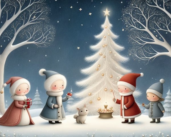 Winter Family Celebration by a Christmas Tree