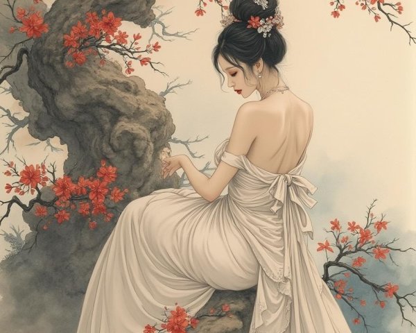 Woman in White Gown on Tree Branch with Red Blossoms