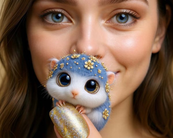 Close-up of a woman with a blue and white creature