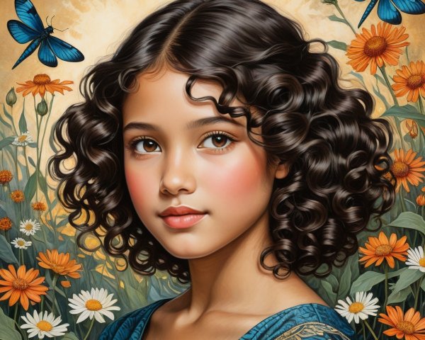 Young girl surrounded by flowers and butterflies