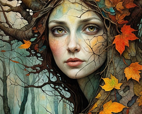 Woman's Face Merging with Tree in Mystical Artwork