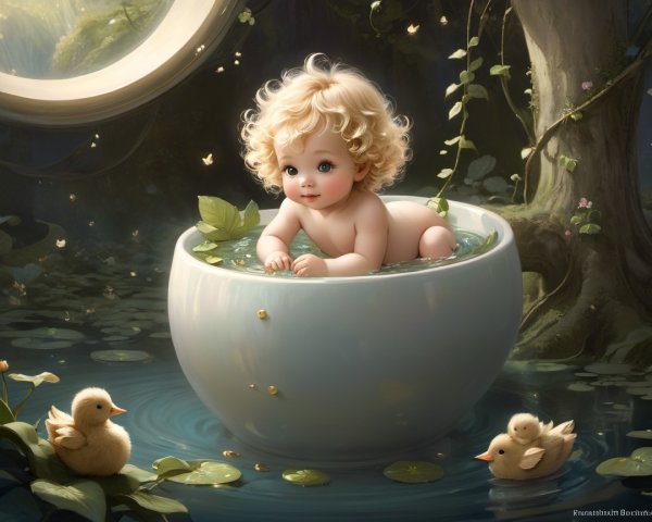 Cherubic Baby Splashing in Water with Ducklings