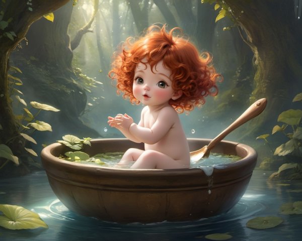 Toddler in a Wooden Boat on a Serene Forest Pond