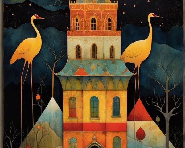 Colorful tower with cranes under a starry sky