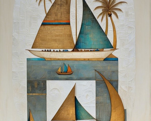 Stylized Sailboats in Tranquil Waters with Palm Trees