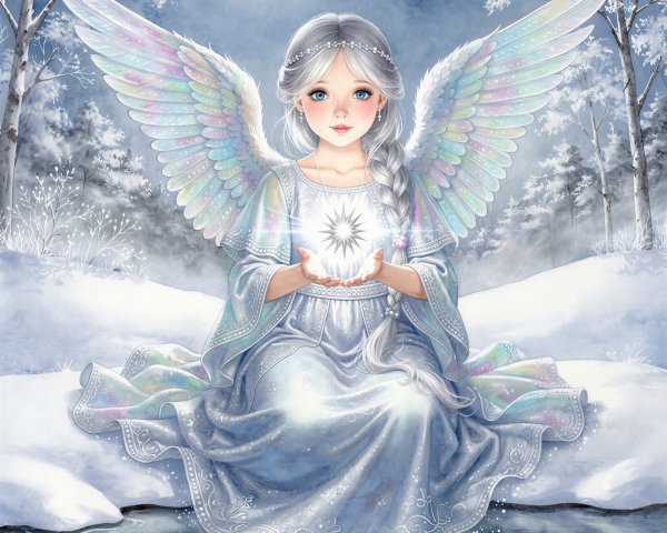 Watercolor Night Scene with Angel and Winter Landscape