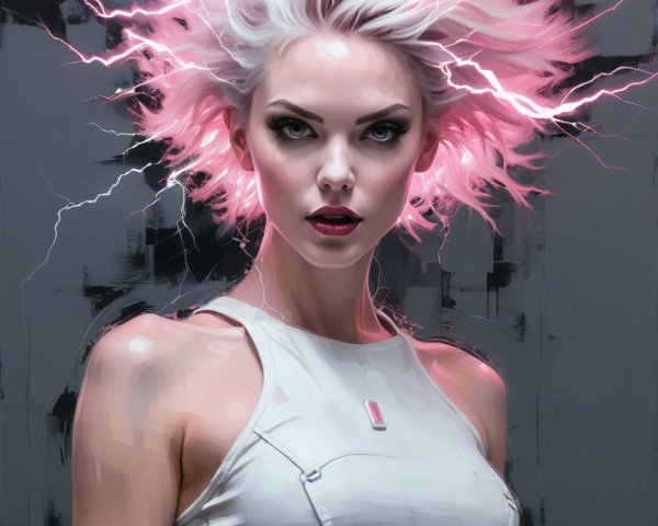 Portrait of a woman with electrified white hair and makeup