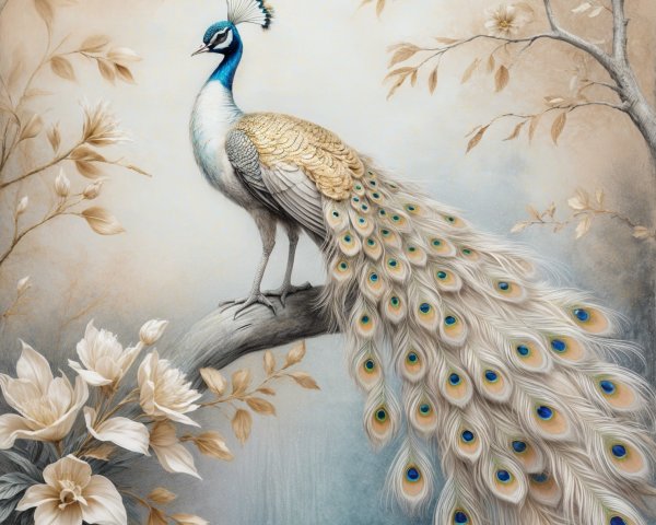 Peacock on Branch with Vibrant Plumage and Flowers