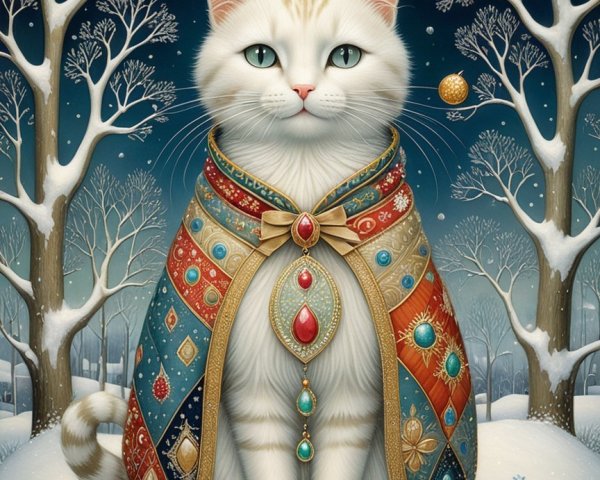 Regal white cat in ornate cloak in snowy landscape
