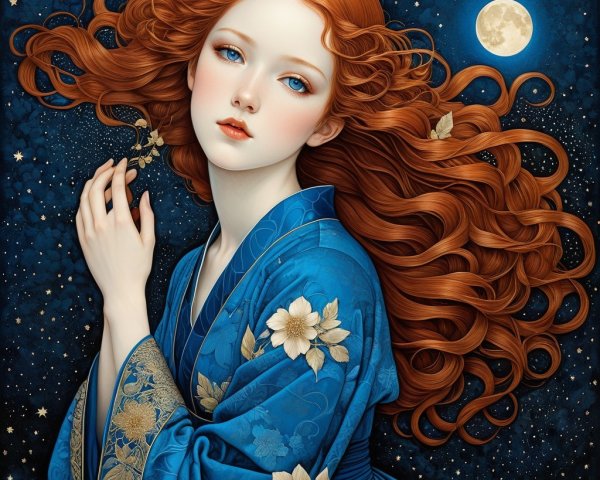 Woman in Blue Kimono Against Starry Night Sky