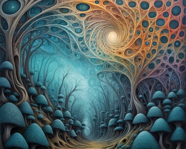 Surreal Landscape with Twisting Trees and Vibrant Mushrooms