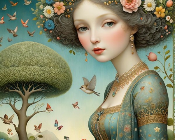 Serene Woman in Floral Headdress with Nature Elements
