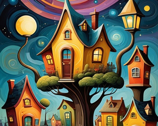 Colorful Fantasy Village in a Giant Tree at Night