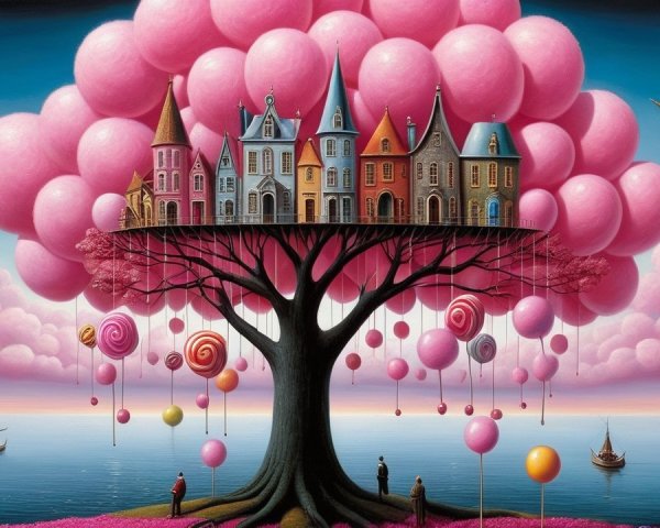 Whimsical Landscape with Balloon Tree and Fairytale Houses