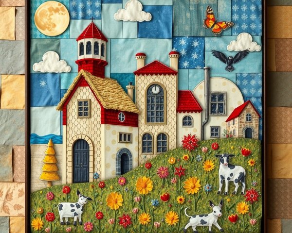 Vibrant Countryside Scene with House and Cows