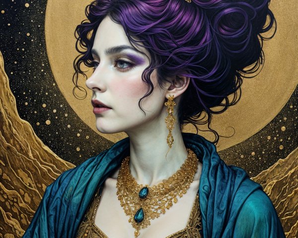 Regal Woman in Elegant Attire with Celestial Background