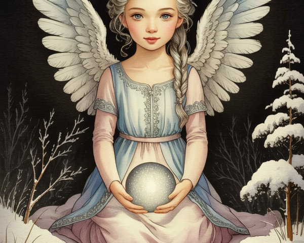 Angel with Silver Hair by a Reflecting Pool in Watercolor