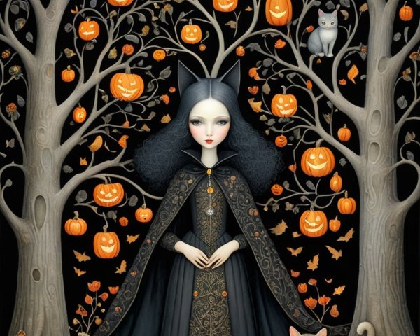 Mystical Autumn Scene with Cloaked Girl and Cats