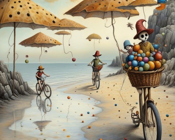 Whimsical Bicycle Riders on a Serene Beach Scene