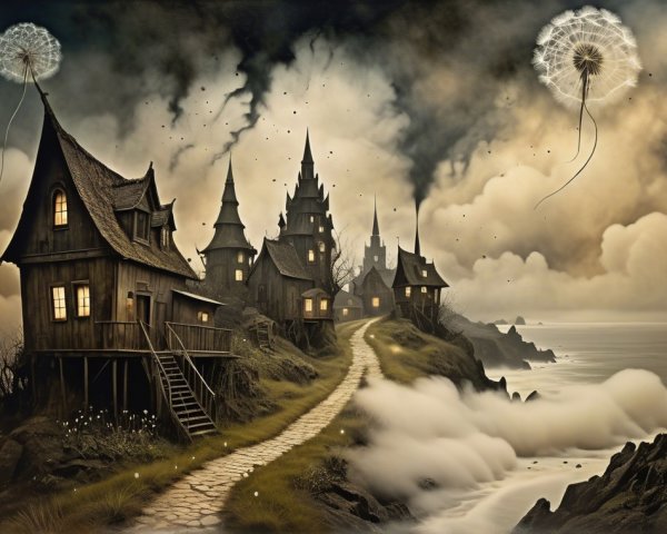 Mystical Landscape with Enchanted Village and Fog