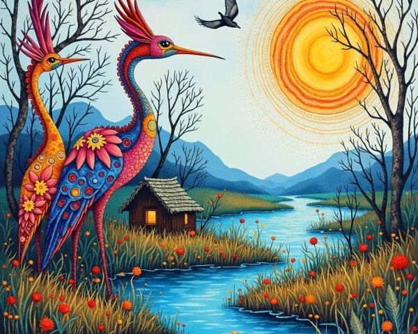 Stylized Herons by Winding River at Sunset