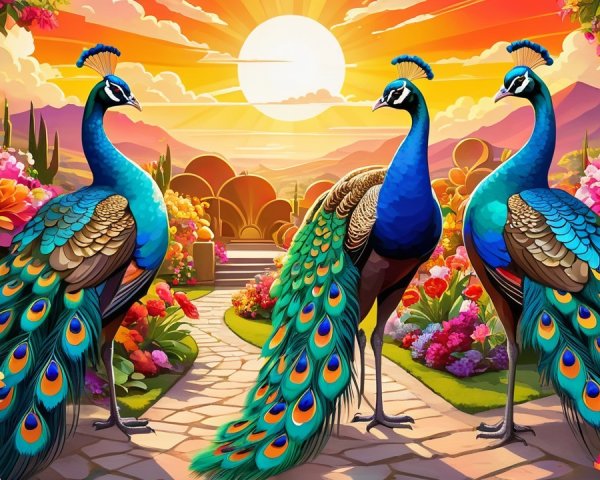 Vibrant Peacocks in a Colorful Garden at Sunset