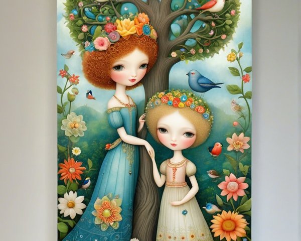 Whimsical Girls by Colorful Tree in Magical Setting