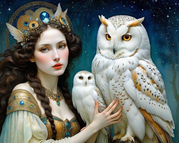 Regal woman with owls in a mystical night scene