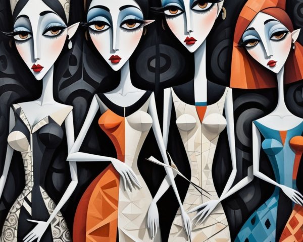 Stylized Female Figures in Geometric Gowns and Colors
