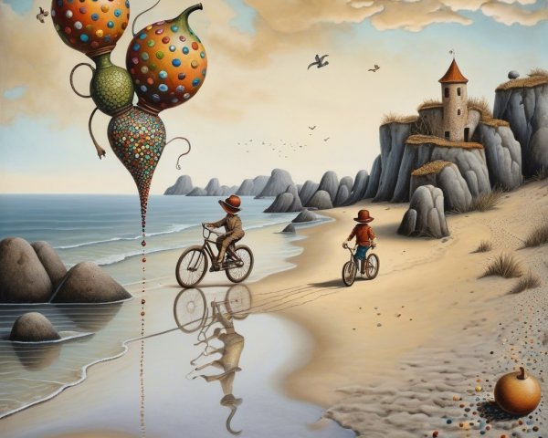 Children Biking on a Beach with Balloons and Castle