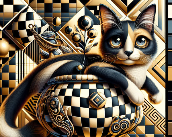 Stylized Cat in Decorative Bowl with Geometric Design