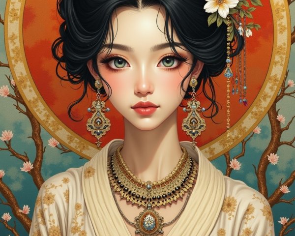 Elegant Young Woman with Floral Accessory and Jewelry