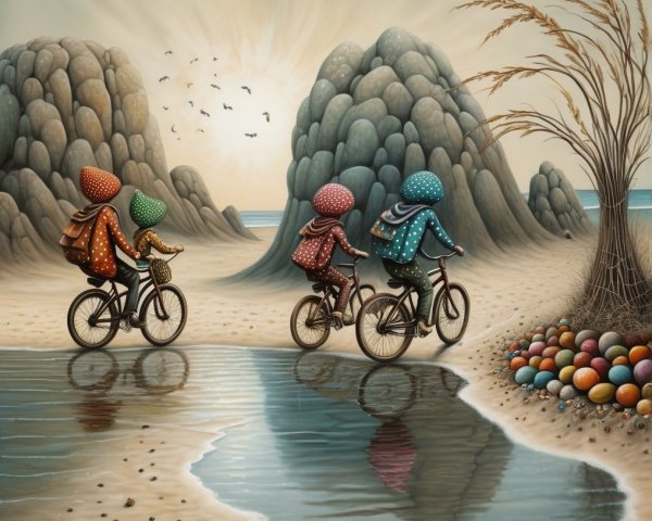 Children in Polka-Dotted Jackets Riding Bicycles on Beach