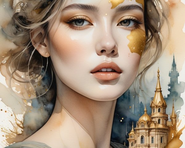 Watercolor Painting of Woman with Castle and Gold Specks