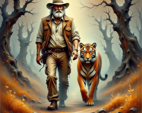 Mystical Forest Scene with Bearded Man and Tiger