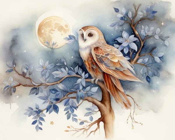 Illustration of an owl in a serene night setting