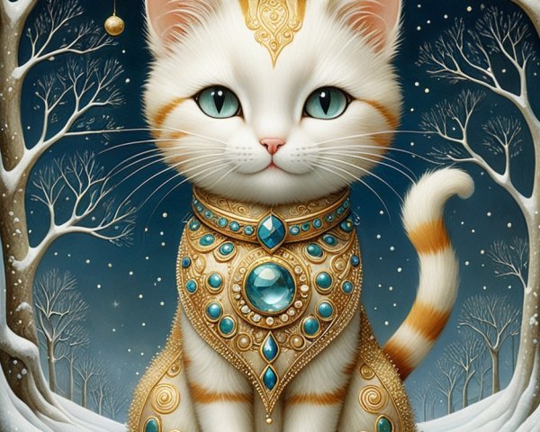 White Cat with Green Eyes in Snowy Landscape