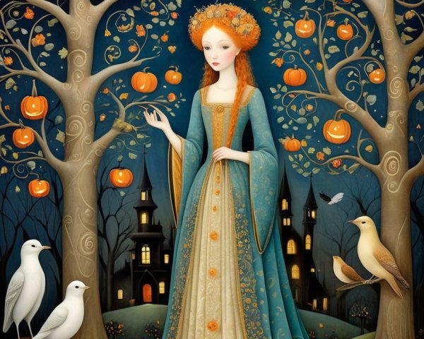 Ethereal Figure in Twilight Forest with Pumpkins