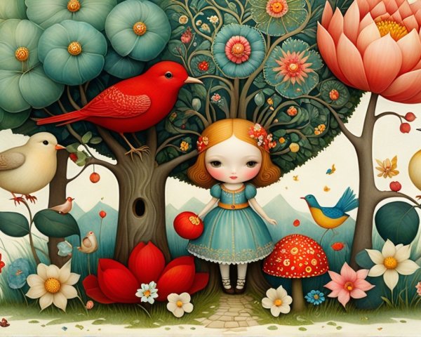 Whimsical Garden Scene with Colorful Flora and Birds