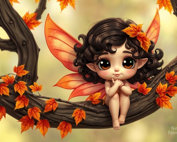 Whimsical Fairy on Branch with Autumn Leaves and Wings