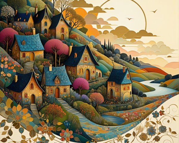 Whimsical Houses on a Hillside at Sunset