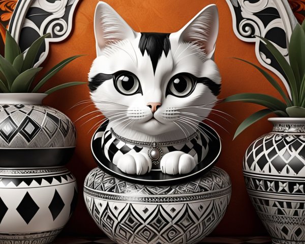 Stylized Cat in Decorative Bowl with Pottery and Plants
