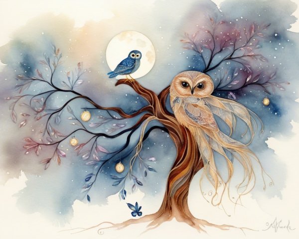 Watercolor Scene of Owls in a Magical Tree Setting