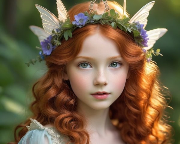 Young girl in floral crown with butterfly wings