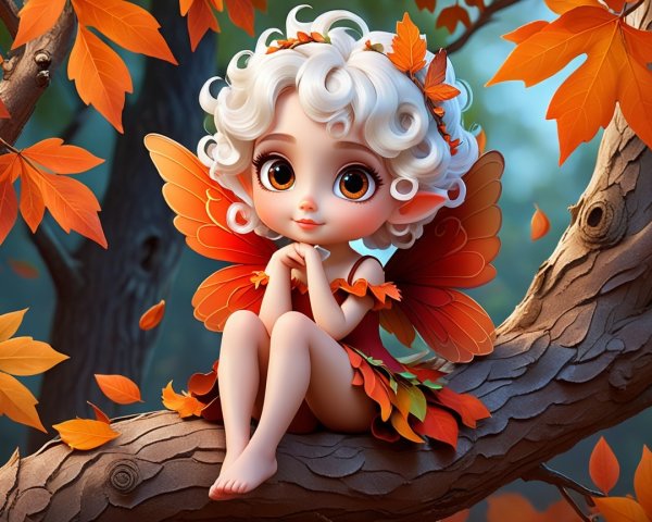 Whimsical Fairy on Tree Branch Amid Autumn Leaves