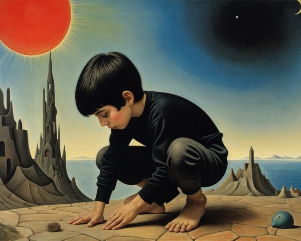 Young boy observing creature in surreal landscape
