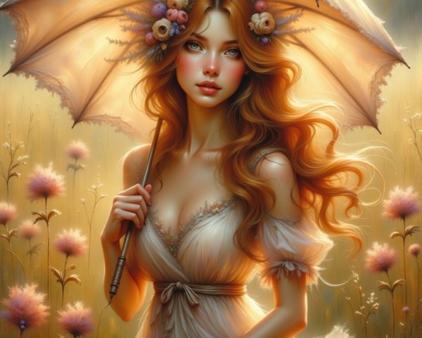 Young Woman with Parasol in Dreamy Flower Field