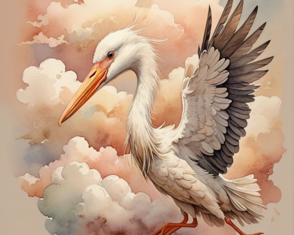 Heron in Flight Among Pastel Clouds and Sky