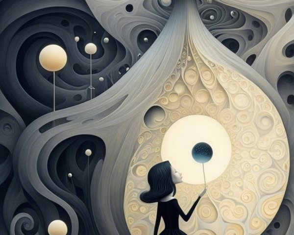 Whimsical Scene of Girl in Black Dress with Balloon