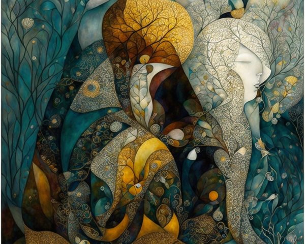 Dreamlike Artwork with Abstract Figure and Nature Elements